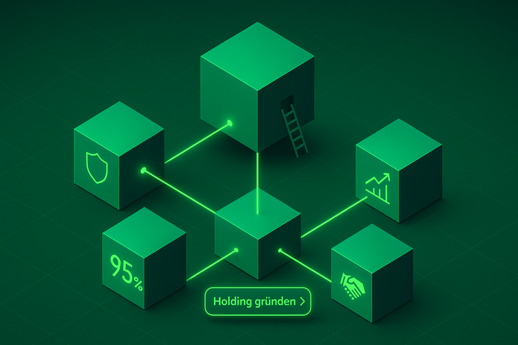 Illustration einer Holding-Struktur: zentrale Muttergesellschaft verbindet sich über leuchtende Linien mit fünf Tochtergesellschaften; Icons für Schutz, 95 %, Wachstum und Partnerschaft; Button „Holding gründen“.