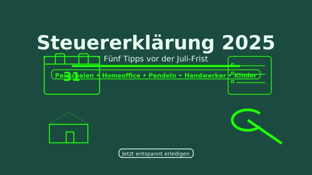 Infografik „Steuererklärung: 5 Tipps“ auf dunkelgrünem Hintergrund; Icons für Kalender (31), Checkliste, Haus, Auto und Schraubenschlüssel; Button „Jetzt entspannt erledigen“.